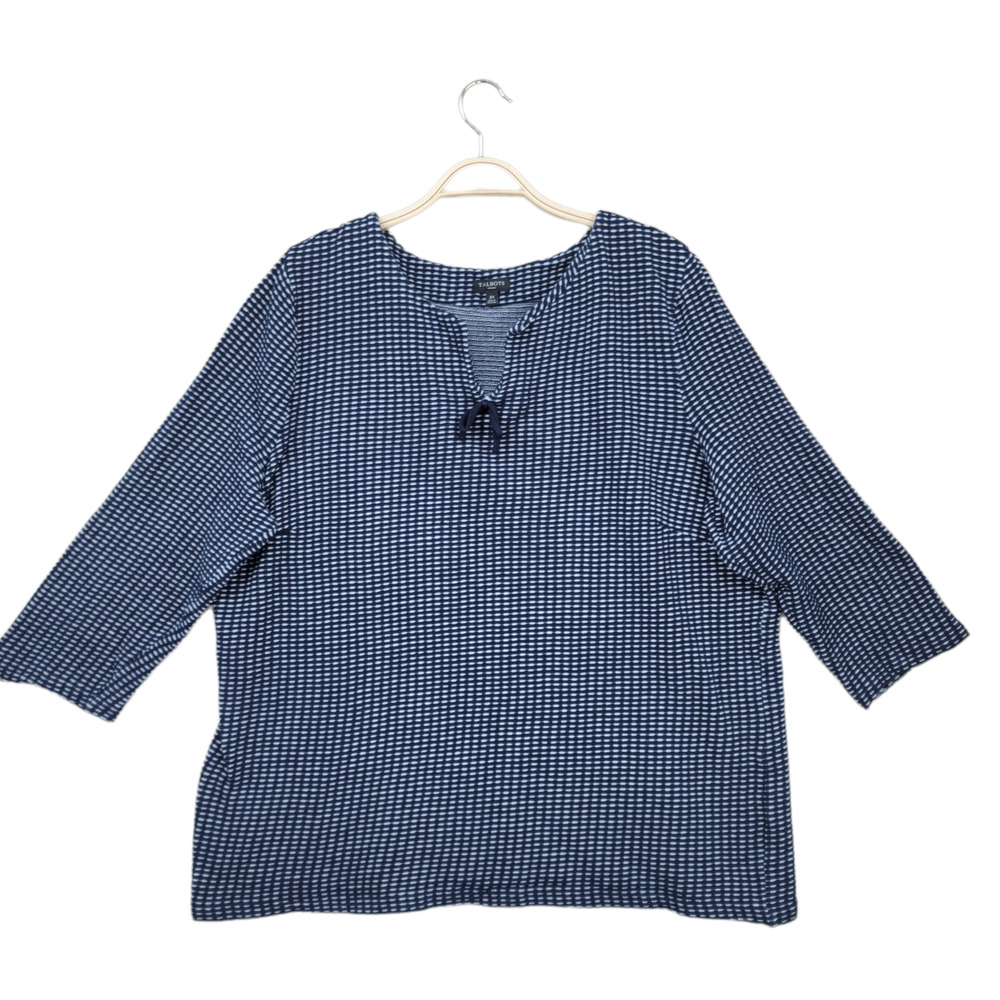 Talbots Women's Size 2X Top Blue Tweed 3/4 Sleeve Notch Neck Cotton Stretch
